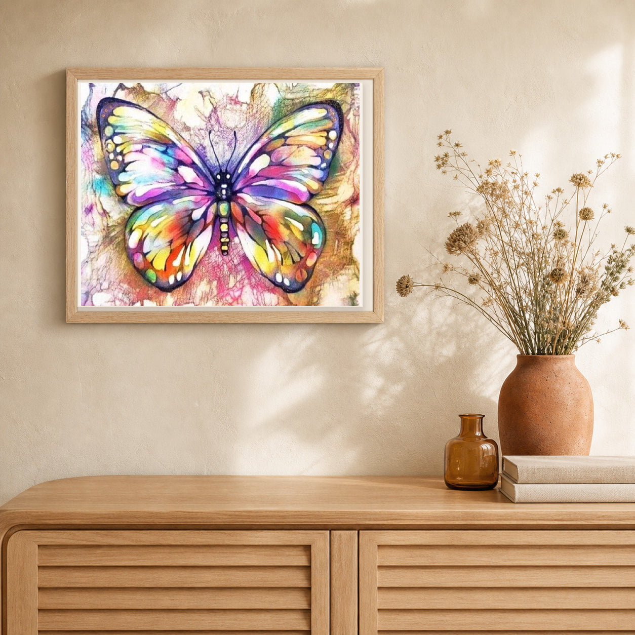 Colorful Butterfly artwork displayed in a warm interior