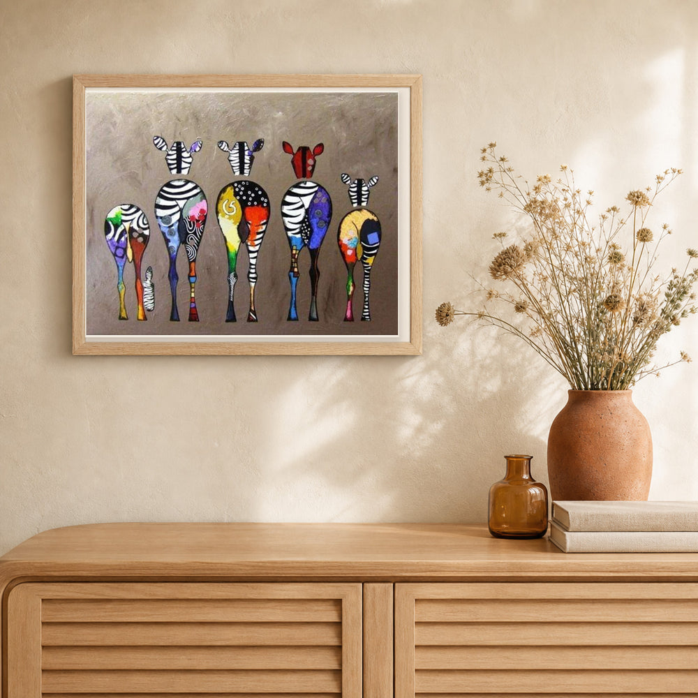Zebras Back artwork displayed in a warm interior