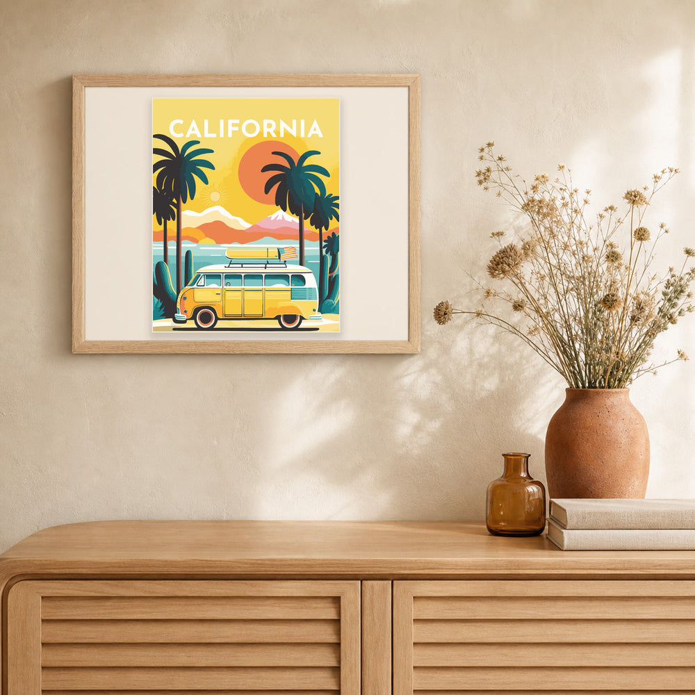 Travel Poster California artwork displayed in a warm interior