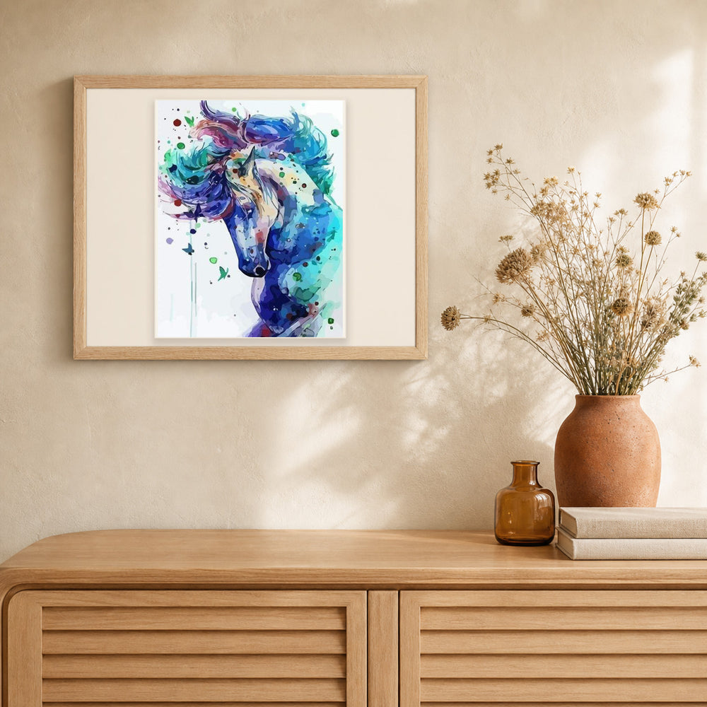 Horse in Blue artwork displayed in a warm interior
