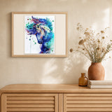 Horse in Blue artwork displayed in a warm interior