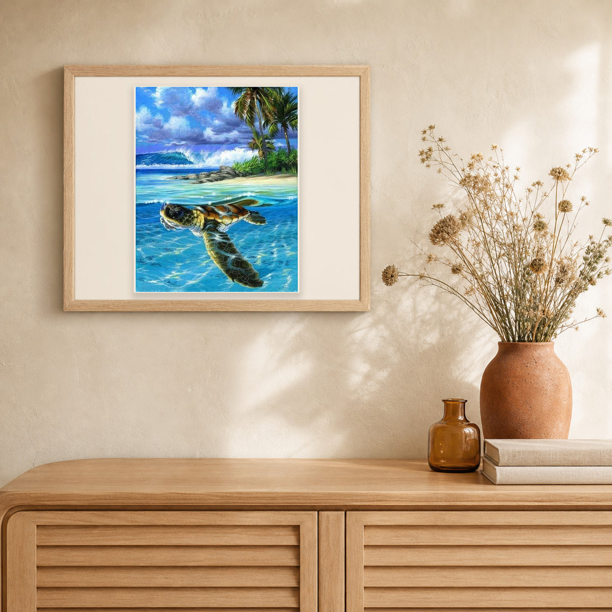 Relaxing Turtle artwork displayed in a warm interior