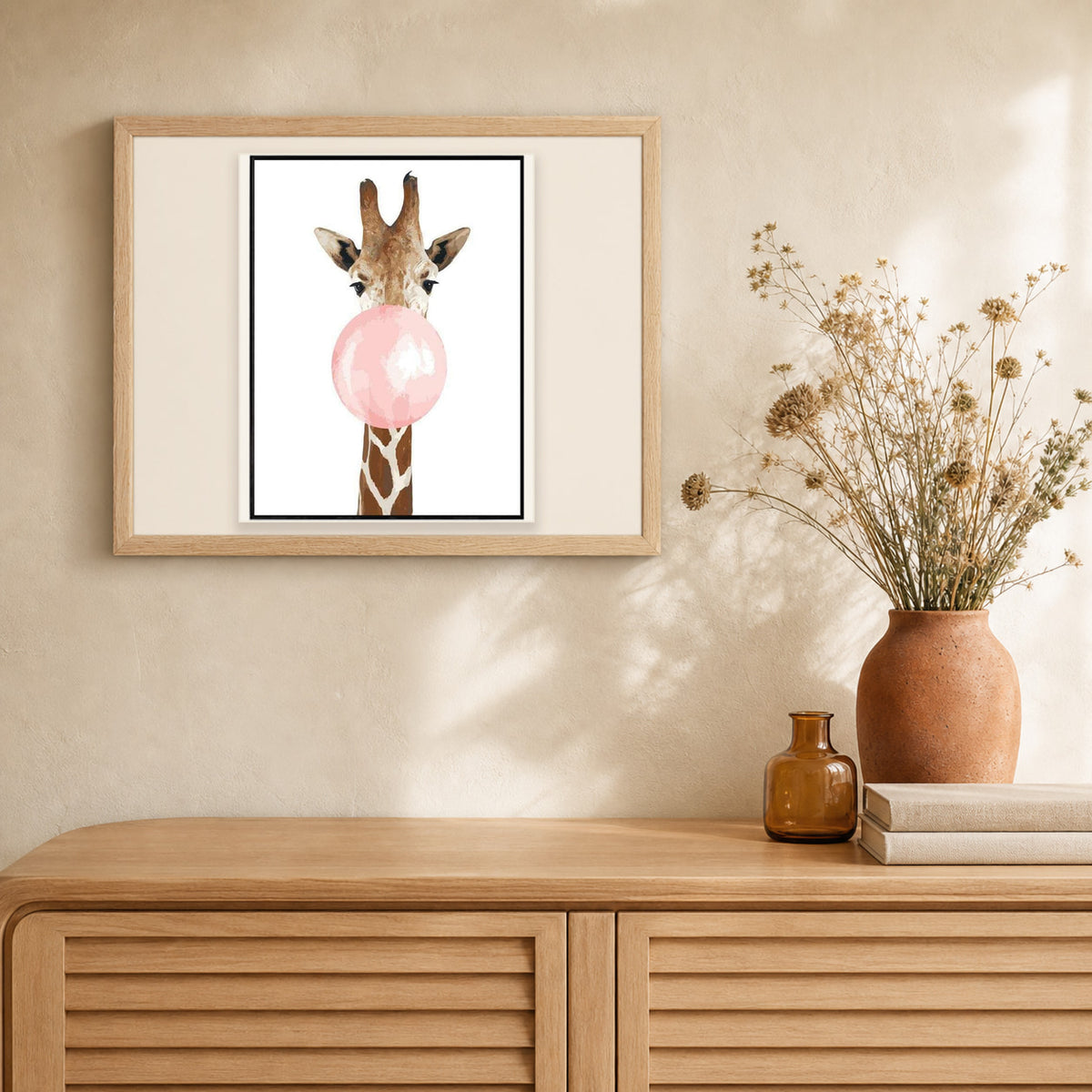 Giraffe Bubble artwork displayed in a warm interior