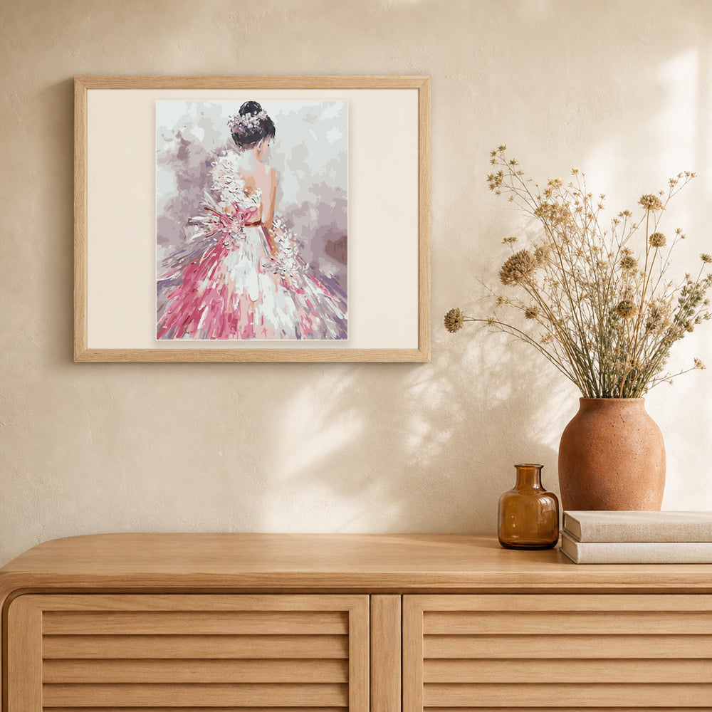 Pretty woman back view artwork displayed in a warm interior