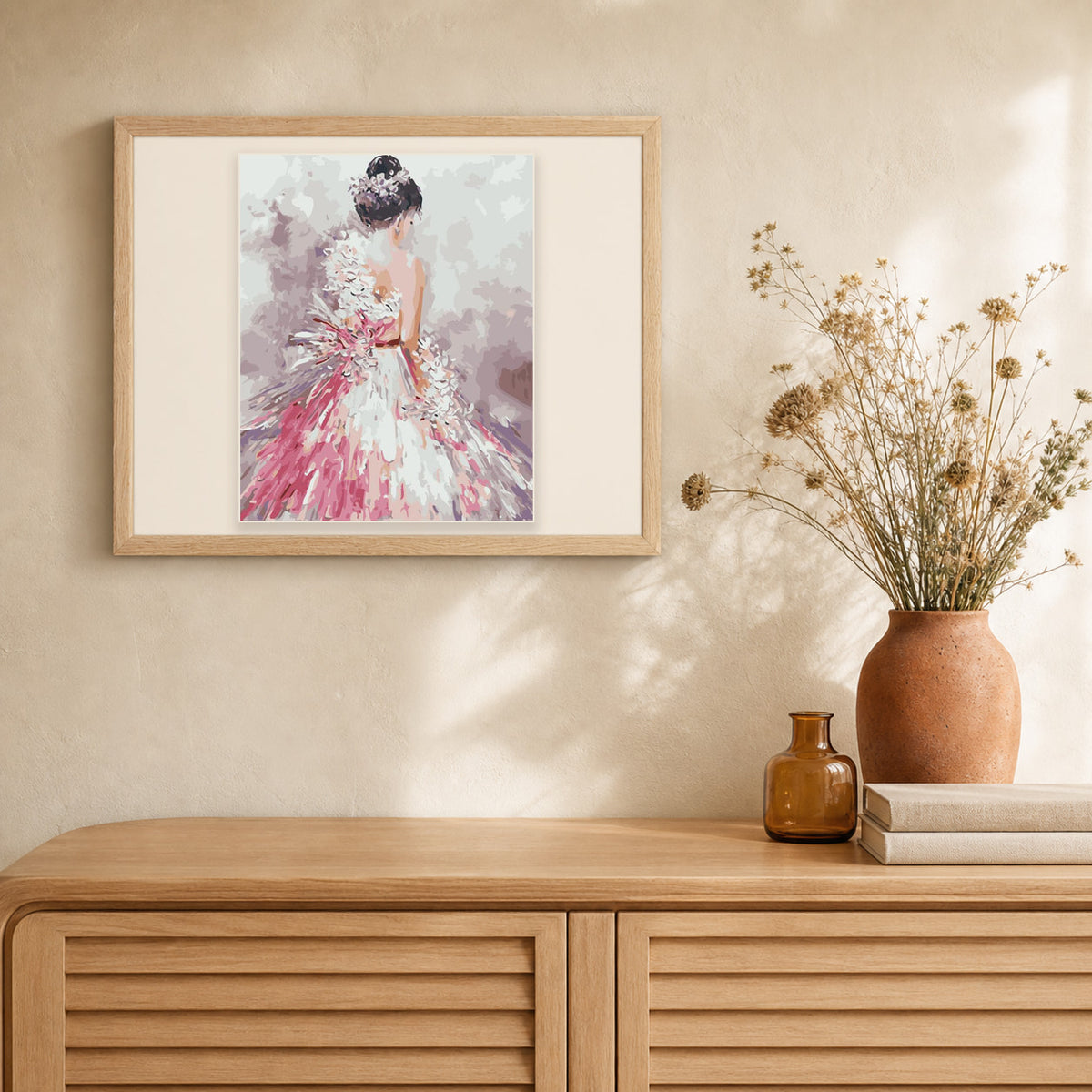Pretty woman back view artwork displayed in a warm interior
