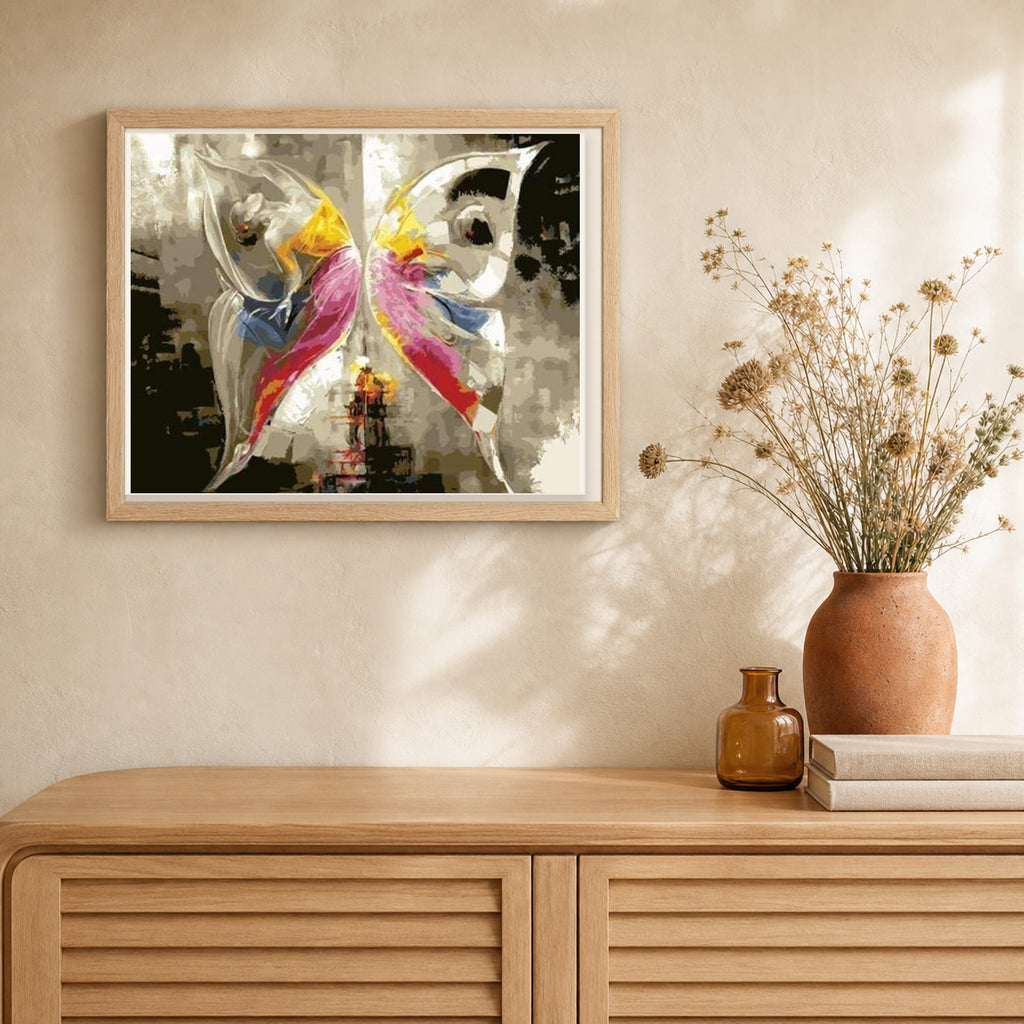Colorful Abstract Butterfly artwork displayed in a warm interior