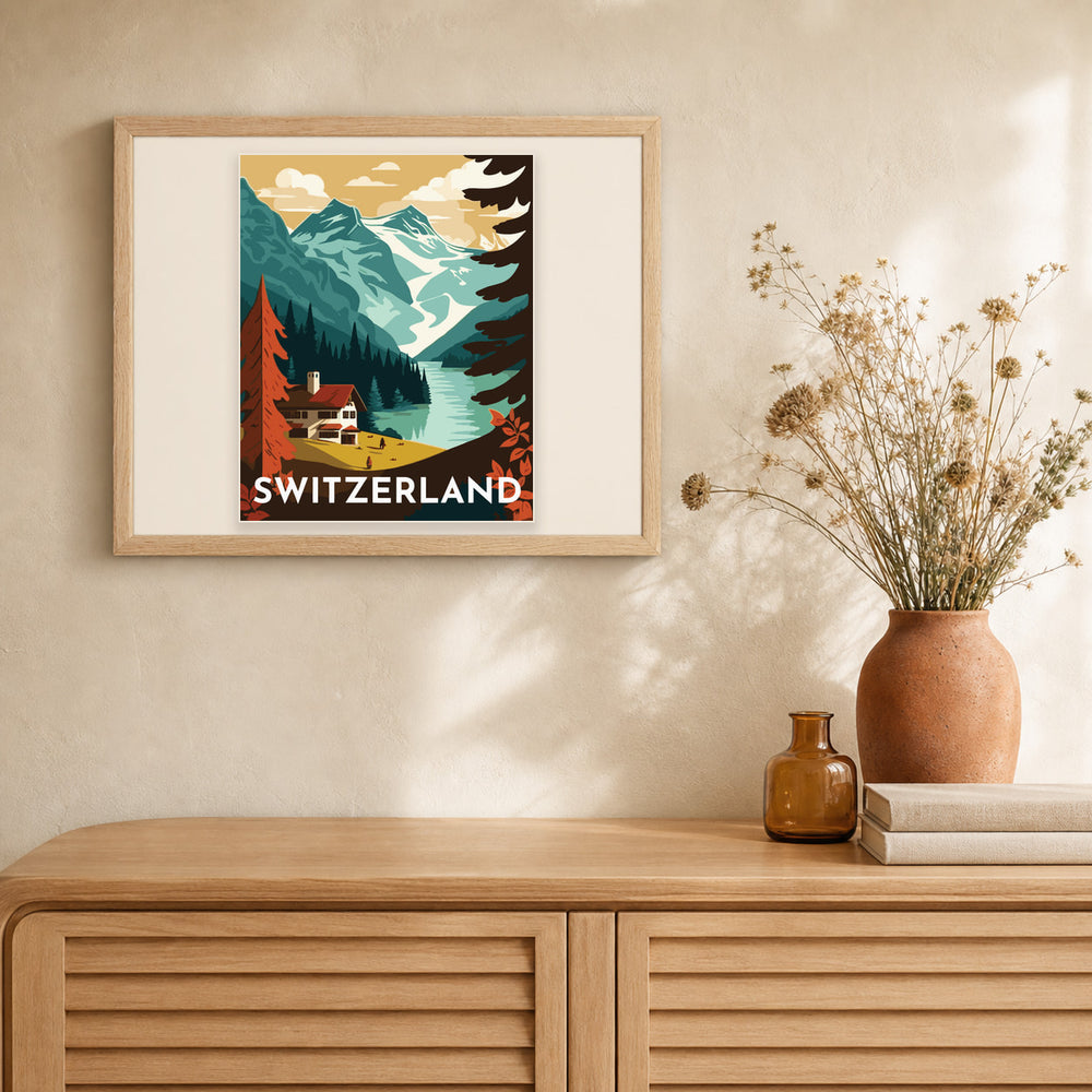 Travel Poster Berne artwork displayed in a warm interior
