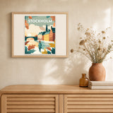 Travel Poster Stockholm artwork displayed in a warm interior