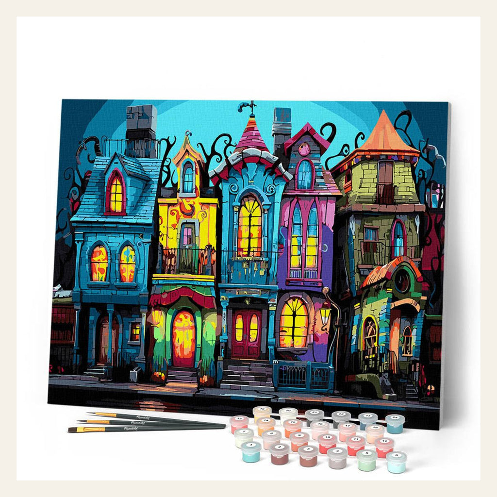 Colorful Gothic Houses finished paint by numbers artwork