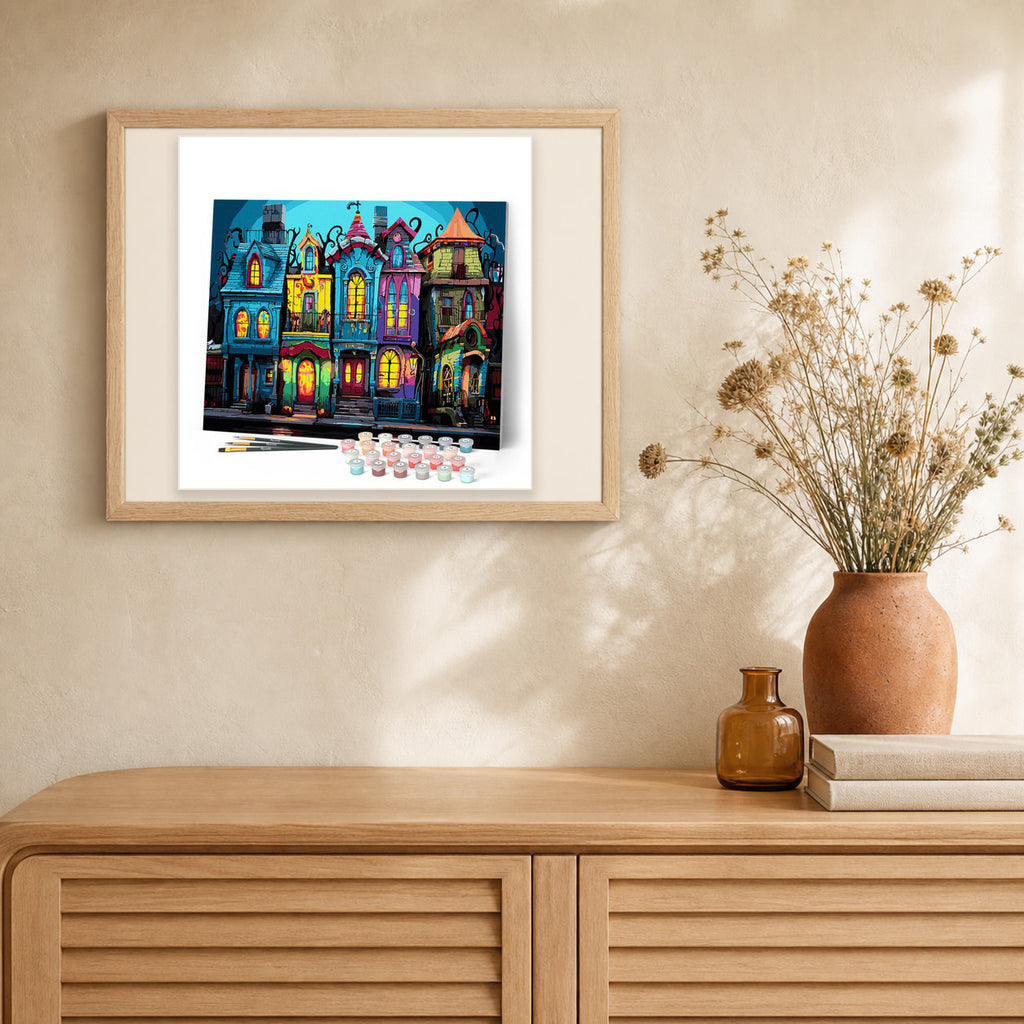 Colorful Gothic Houses artwork displayed in a warm interior