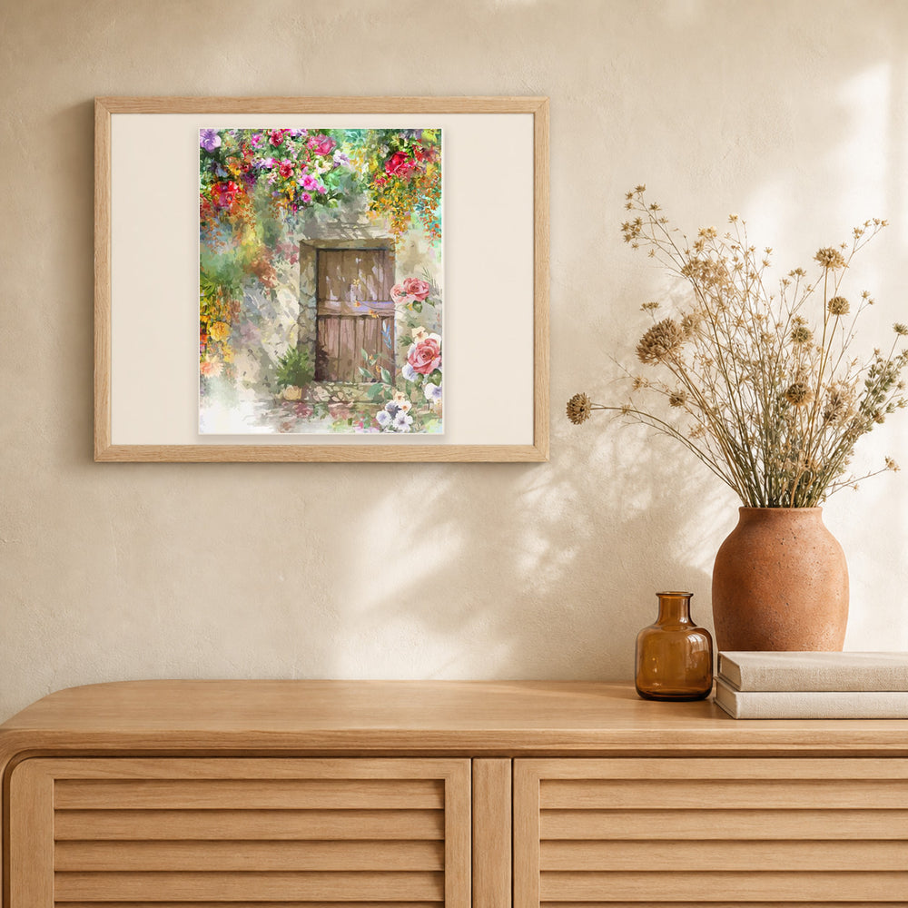 Cave entrance artwork displayed in a warm interior