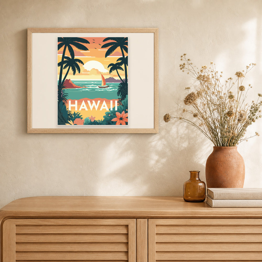 Travel Poster Hawaii artwork displayed in a warm interior