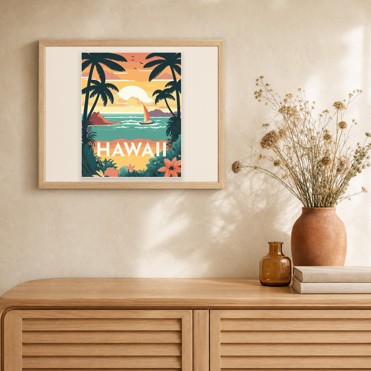 Travel Poster Hawaii artwork displayed in a warm interior