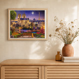 Notre-Dame and Eiffel Tower at night artwork displayed in a warm interior