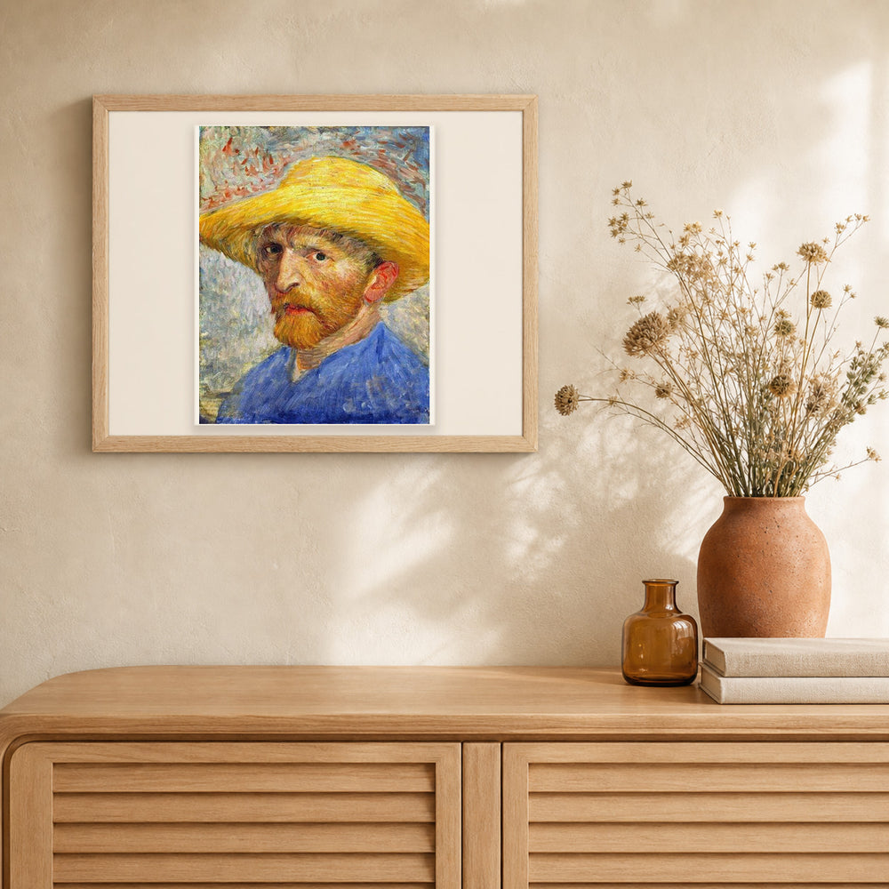 Van Gogh Self-Portrait with Straw Hat artwork displayed in a warm interior