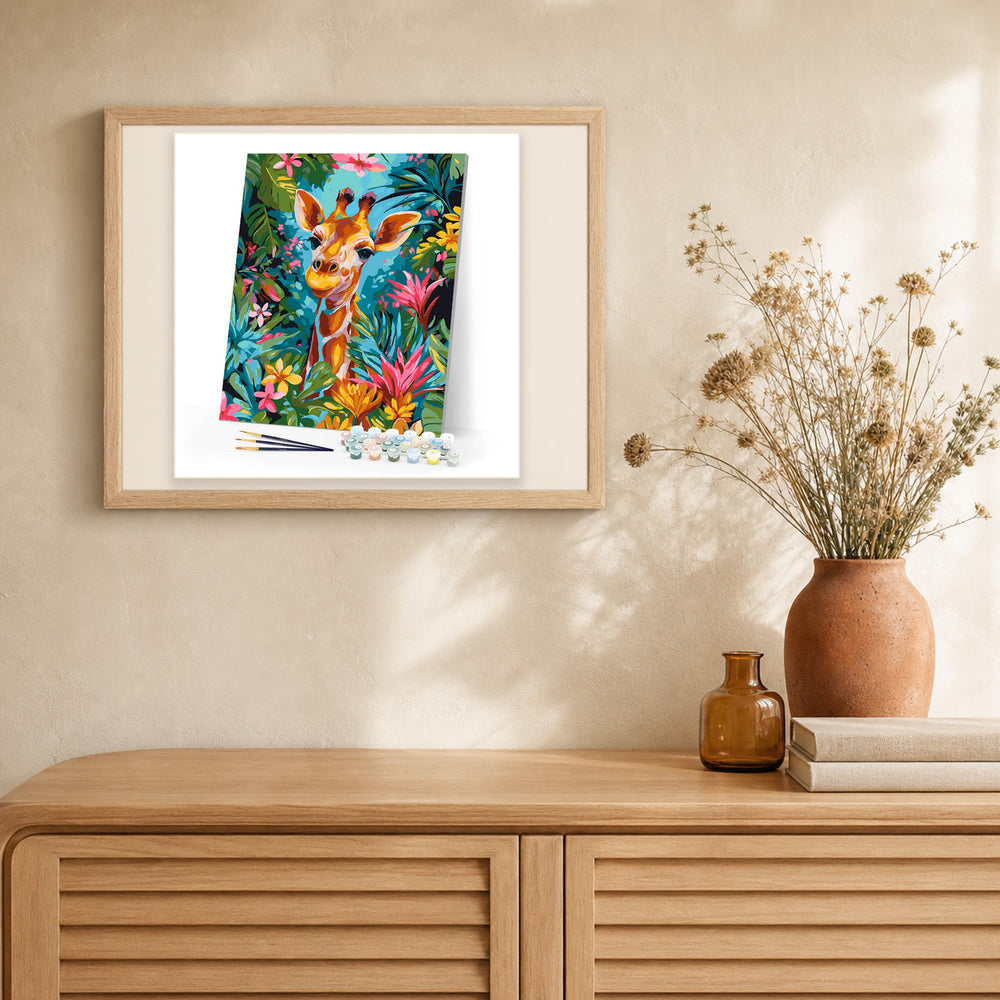 Tropical Giraffe artwork displayed in a warm interior
