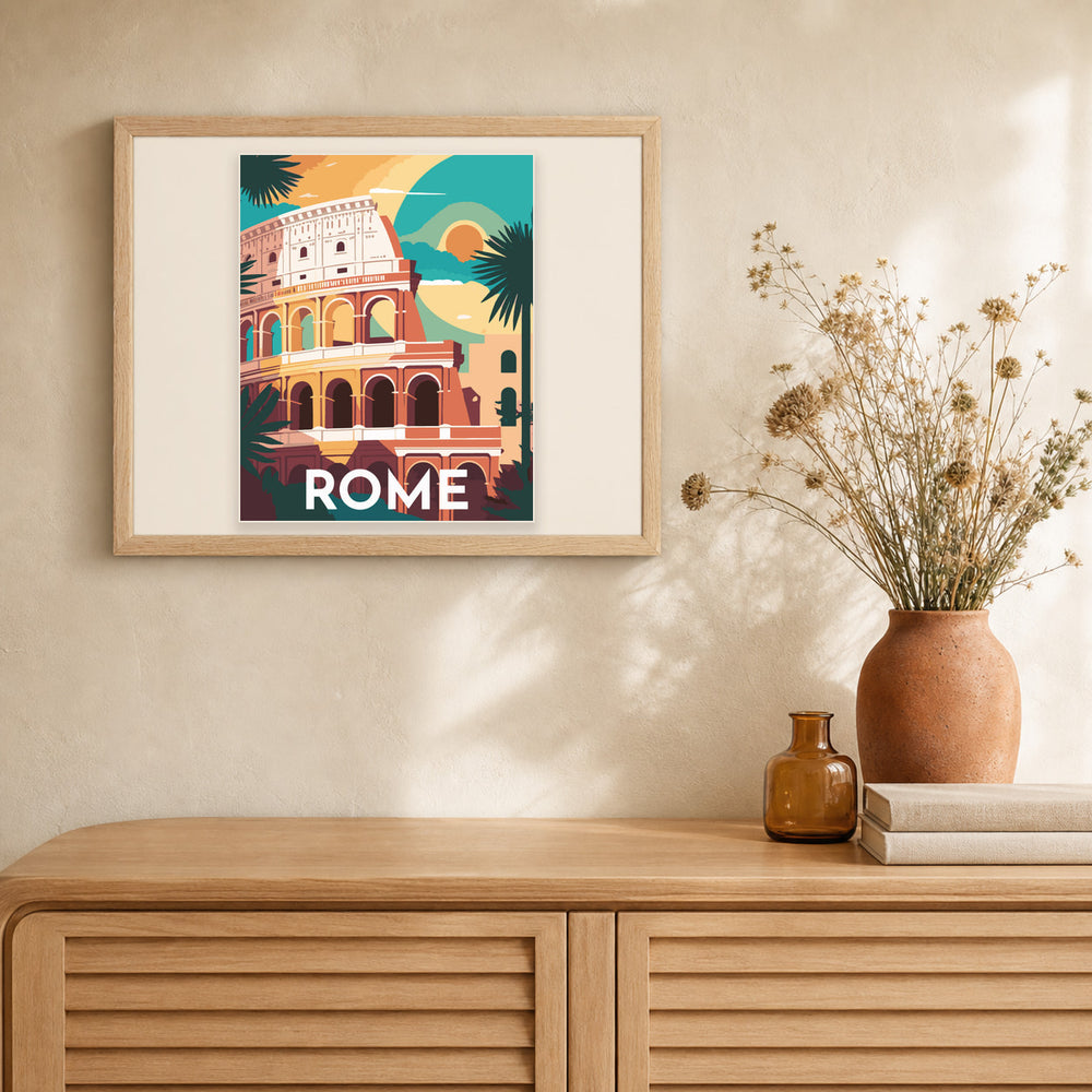 Travel Poster Rome artwork displayed in a warm interior