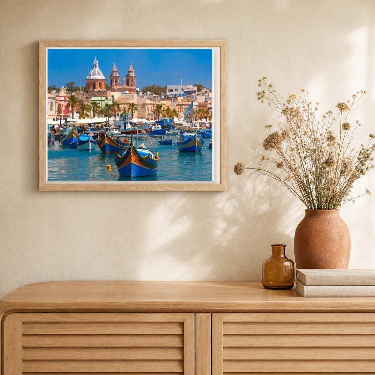 Harbor in Malta artwork displayed in a warm interior
