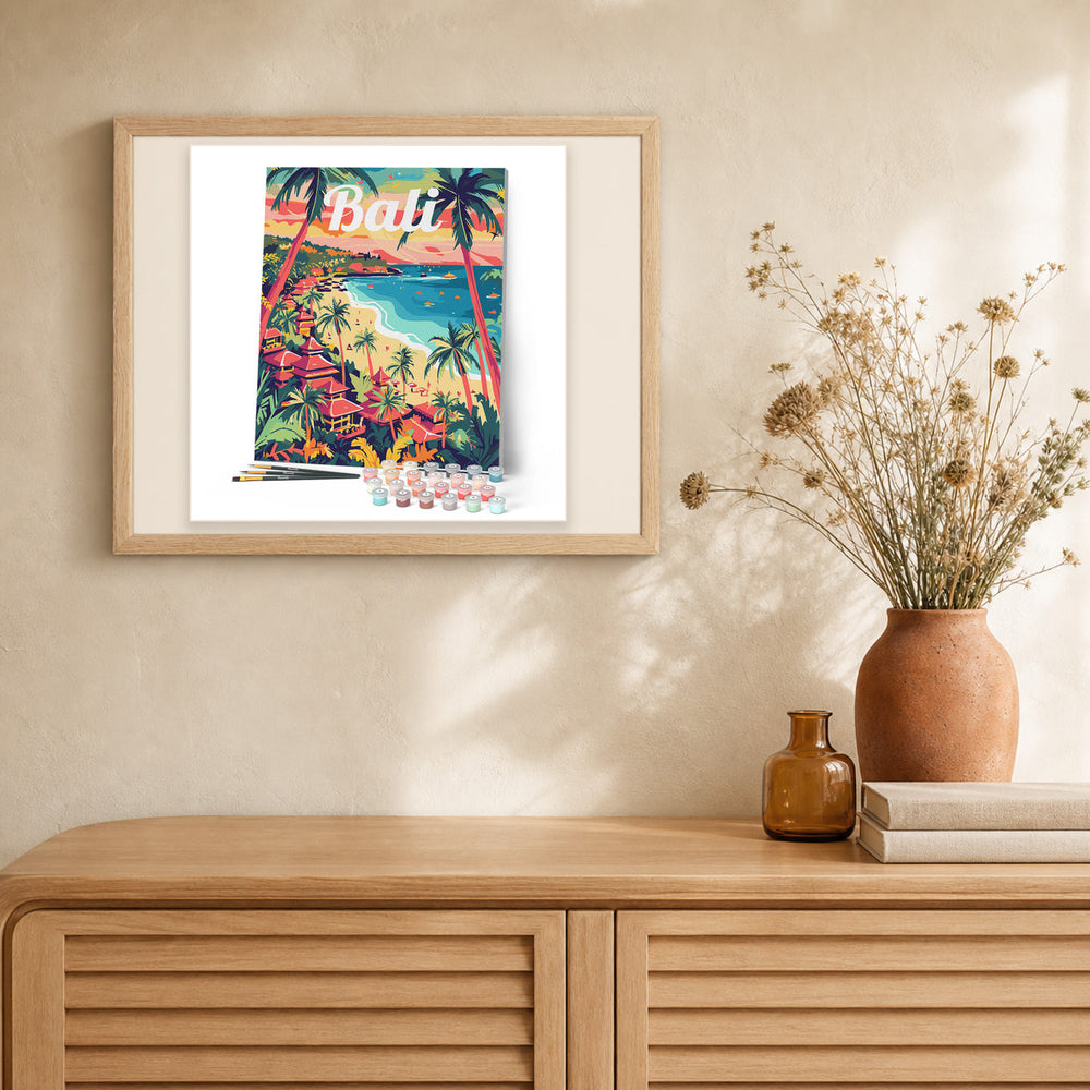 Travel Poster Bali artwork displayed in a warm interior