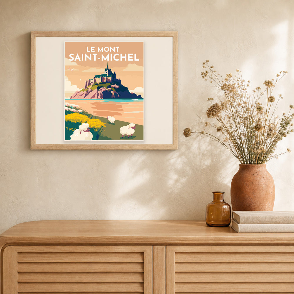 Travel Poster Mont Saint-Michel artwork displayed in a warm interior