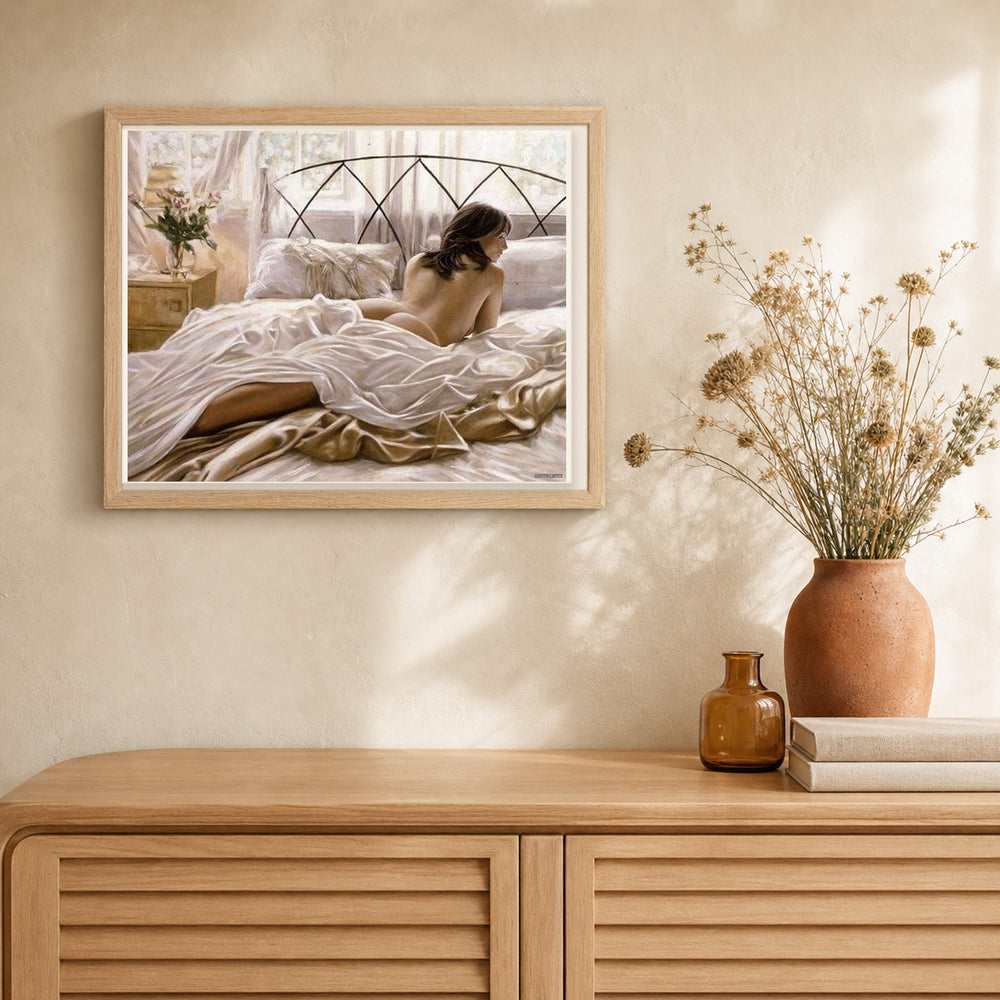 Laziness and Early Morning artwork displayed in a warm interior
