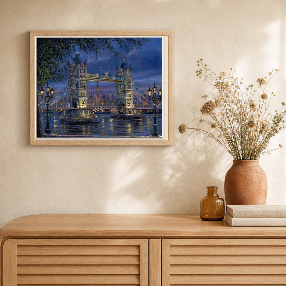 Tower Bridge in London Night artwork displayed in a warm interior