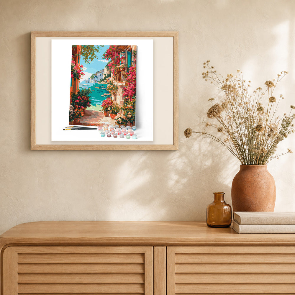 Italian Riviera View artwork displayed in a warm interior
