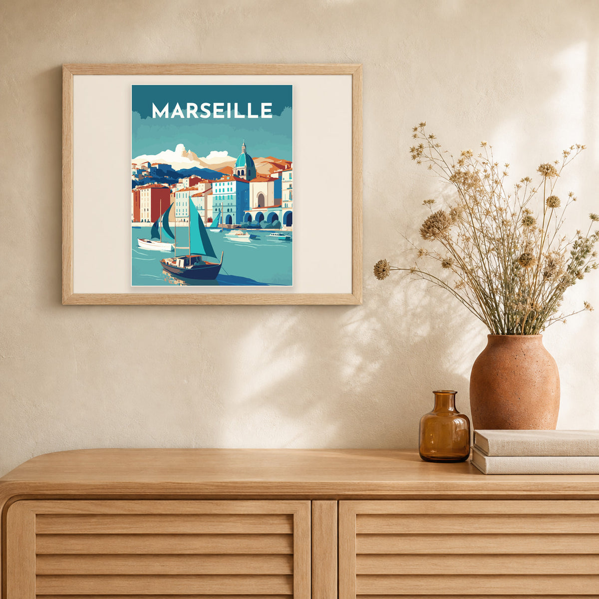 Travel Poster Marseille artwork displayed in a warm interior