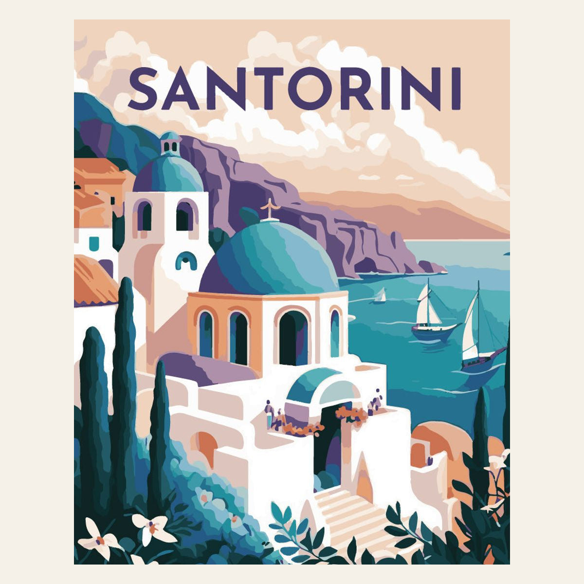 Travel Poster Santorini finished paint by numbers artwork
