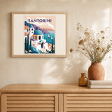 Travel Poster Santorini artwork displayed in a warm interior