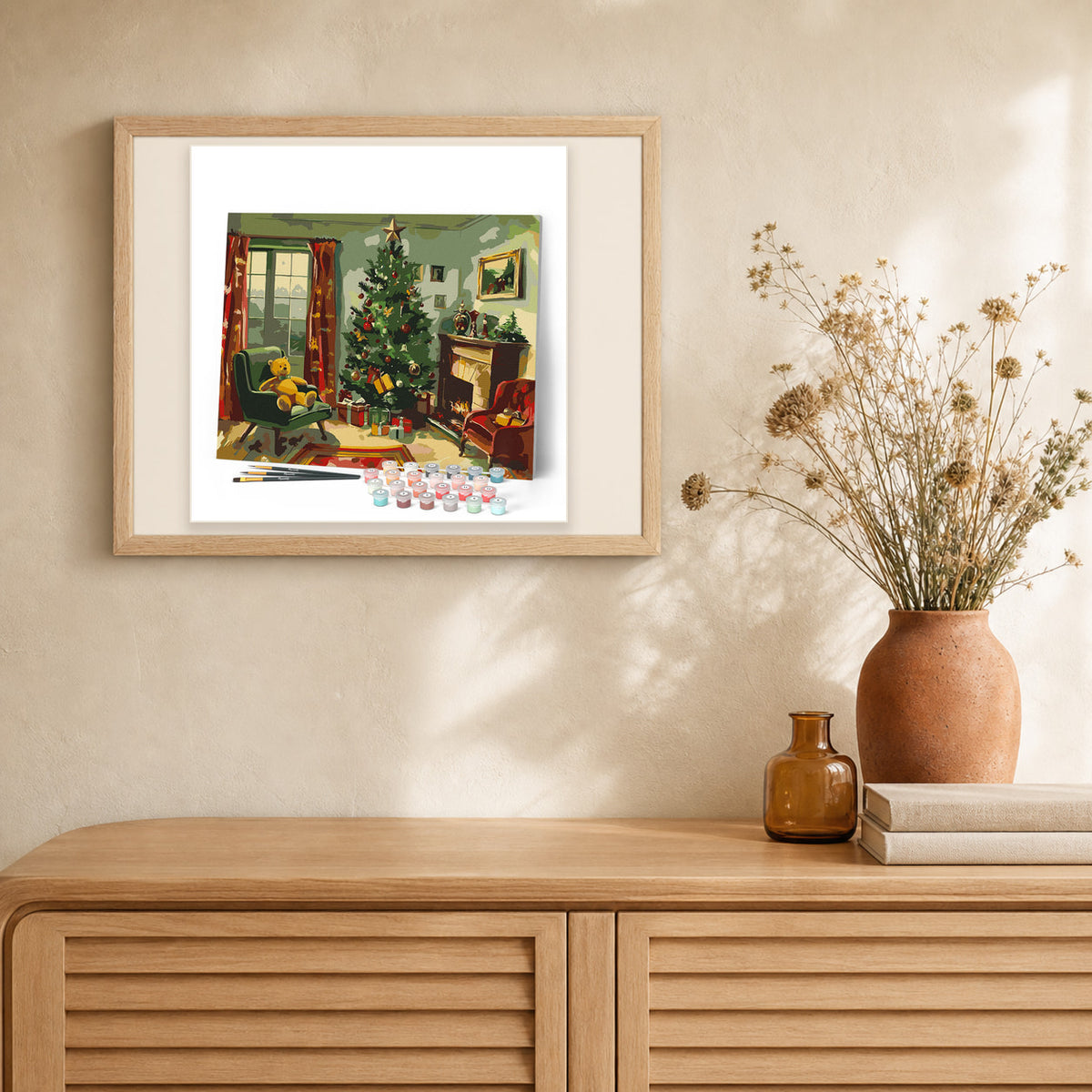 Classic Christmas Fireplace artwork displayed in a warm interior