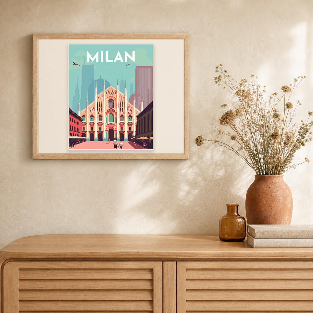 Travel Poster Milan artwork displayed in a warm interior