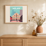 Travel Poster Milan artwork displayed in a warm interior