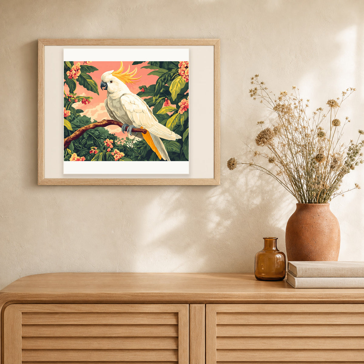 Magnificent Cockatoo artwork displayed in a warm interior