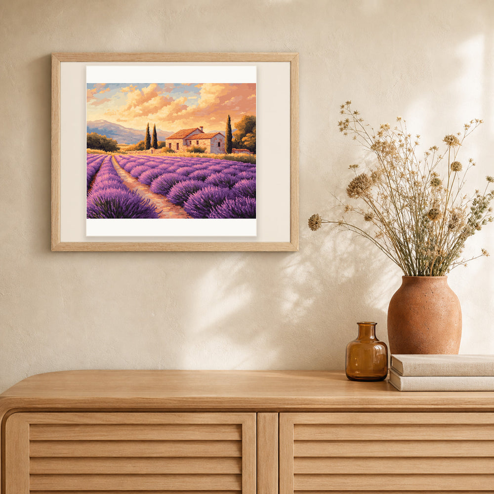 Lavender Rows artwork displayed in a warm interior
