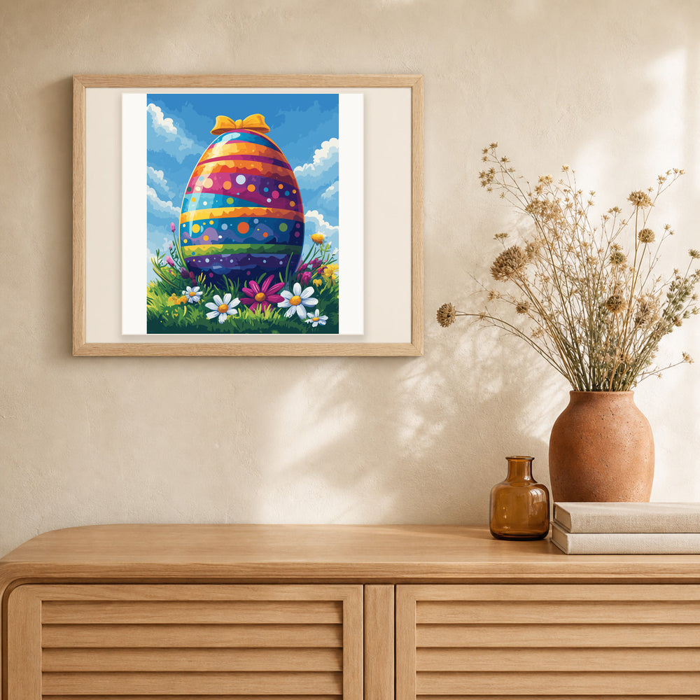 Colorful Easter artwork displayed in a warm interior