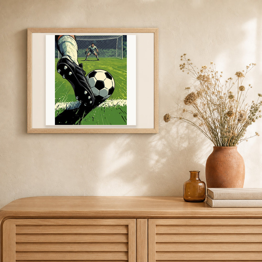 Free Kick artwork displayed in a warm interior