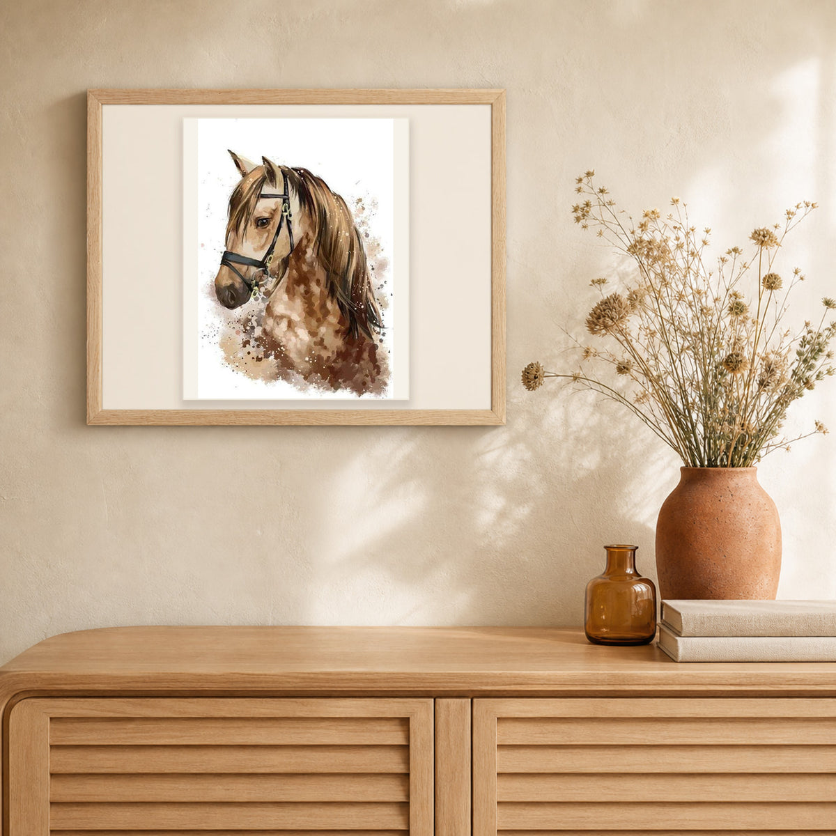 Brown Horse artwork displayed in a warm interior