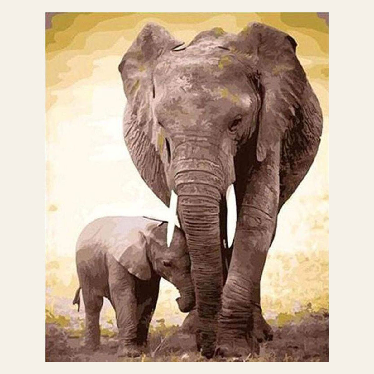 Elephant and calf finished paint by numbers artwork