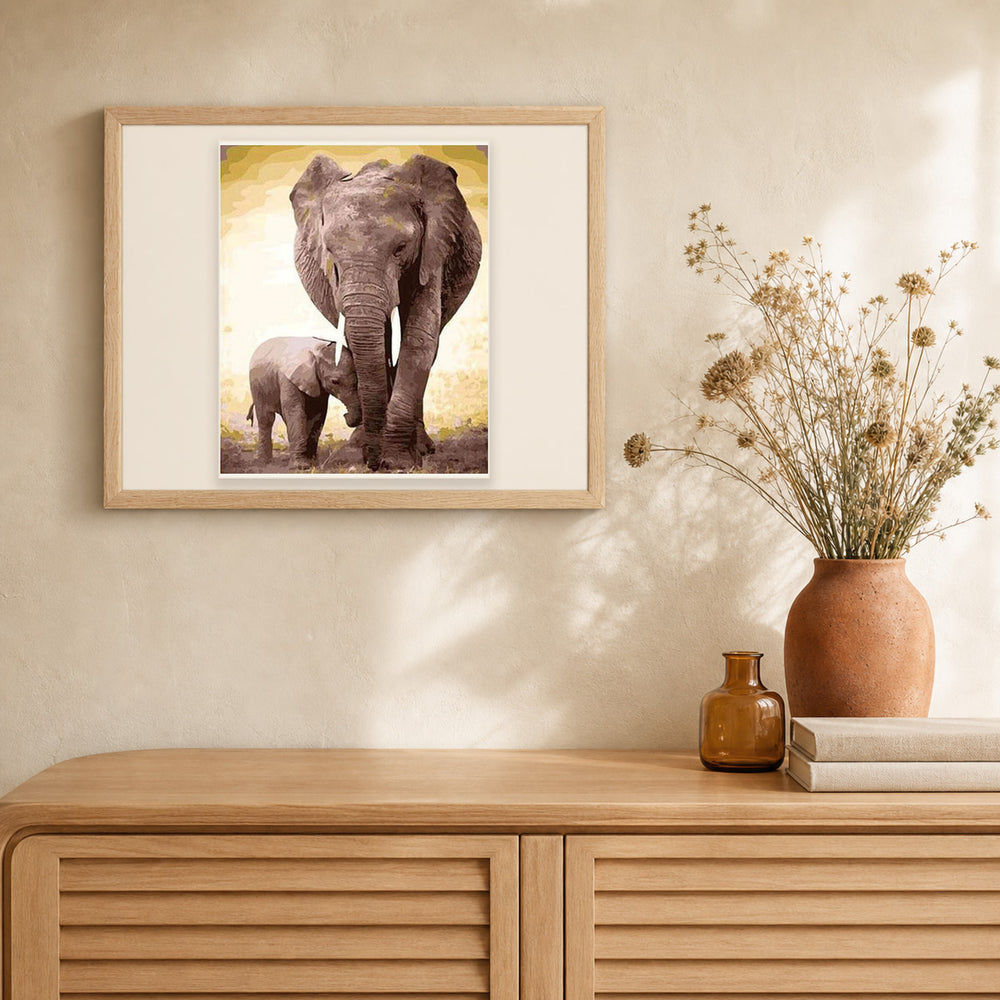 Elephant and calf artwork displayed in a warm interior