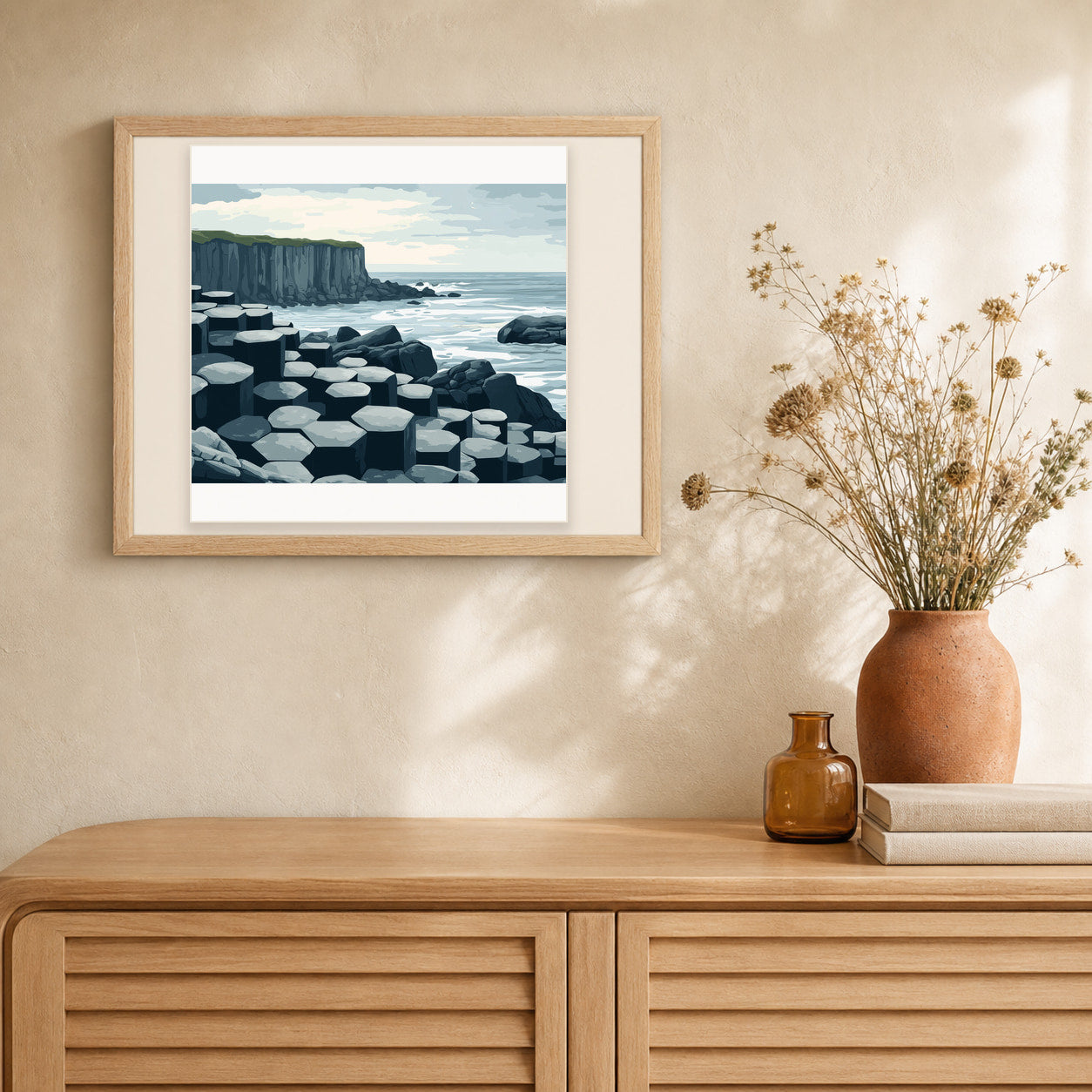Giant's Causeway artwork displayed in a warm interior
