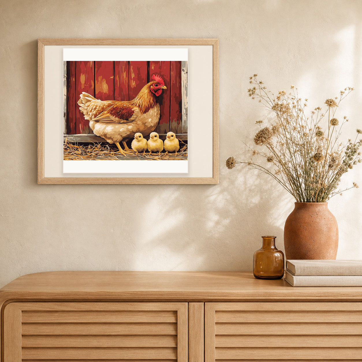 Farm Chicks artwork displayed in a warm interior