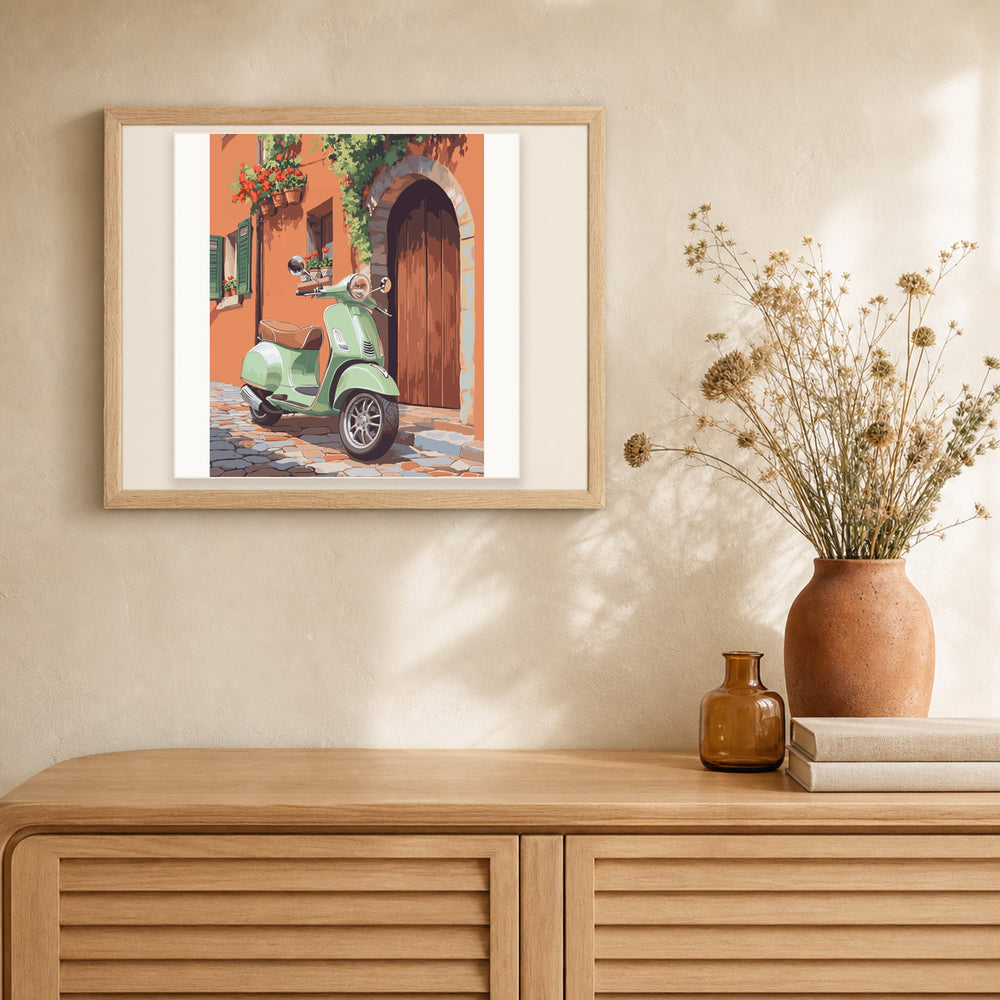 Italian Scooter Life artwork displayed in a warm interior