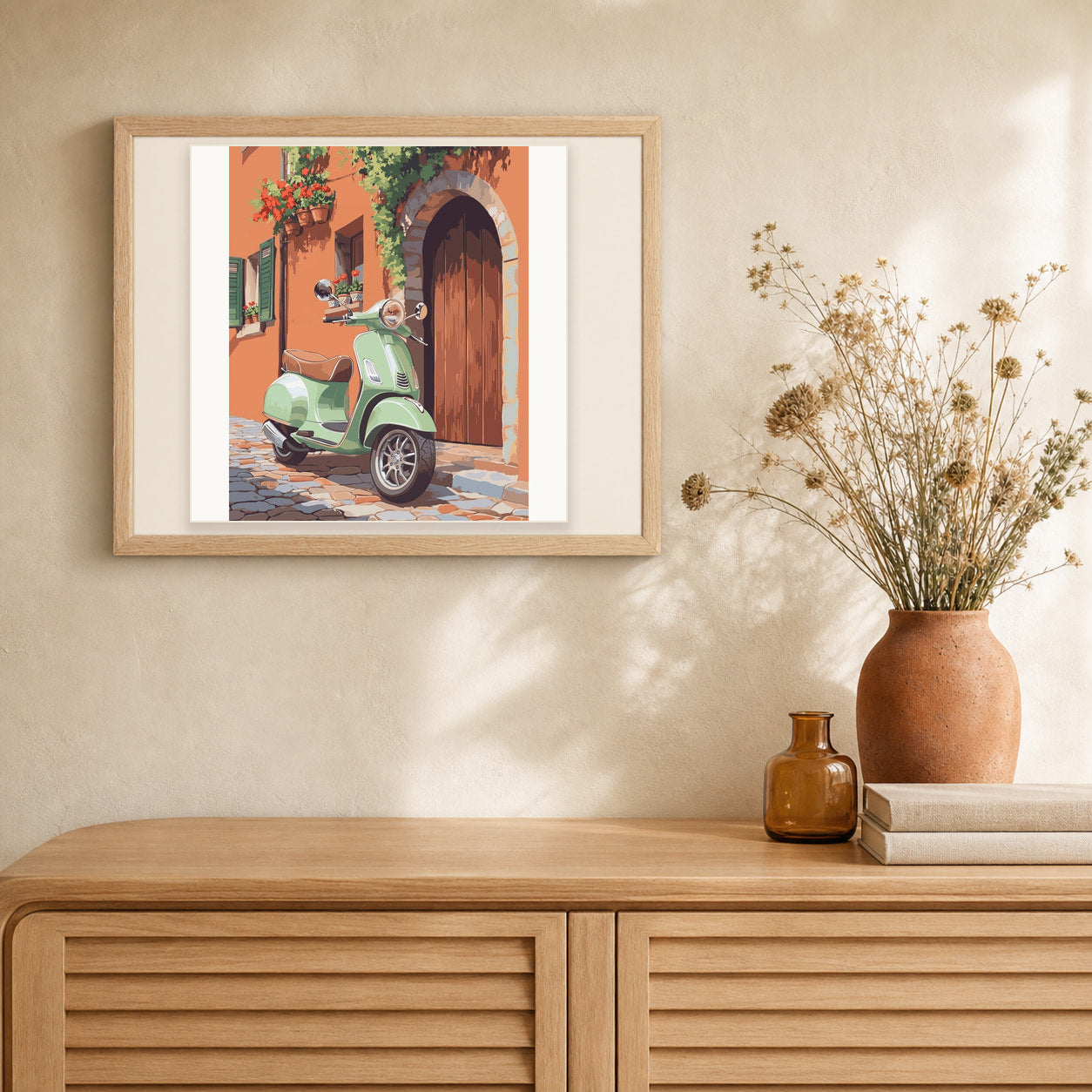 Italian Scooter Life artwork displayed in a warm interior