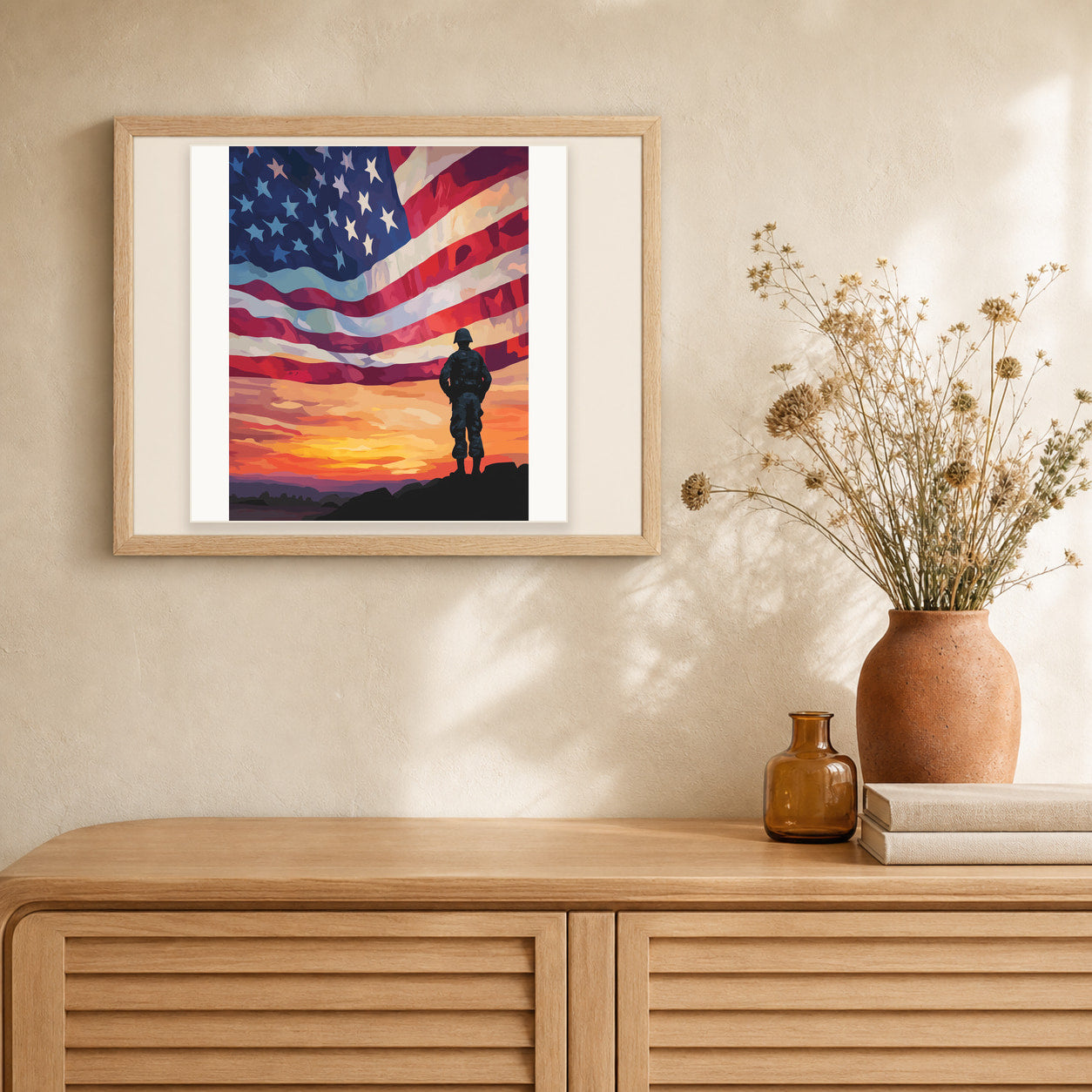 Flag's Fighter artwork displayed in a warm interior