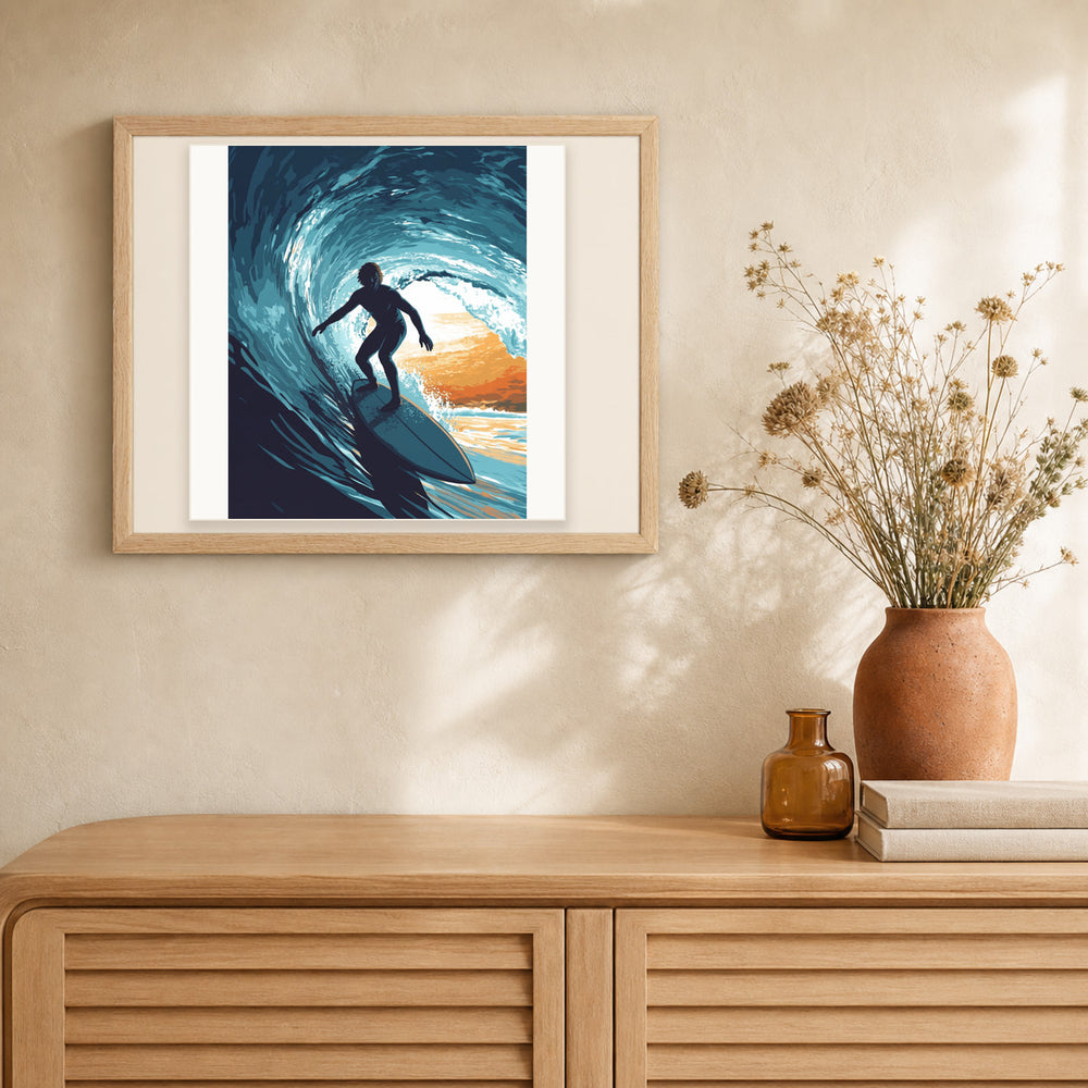 Tube Riding artwork displayed in a warm interior