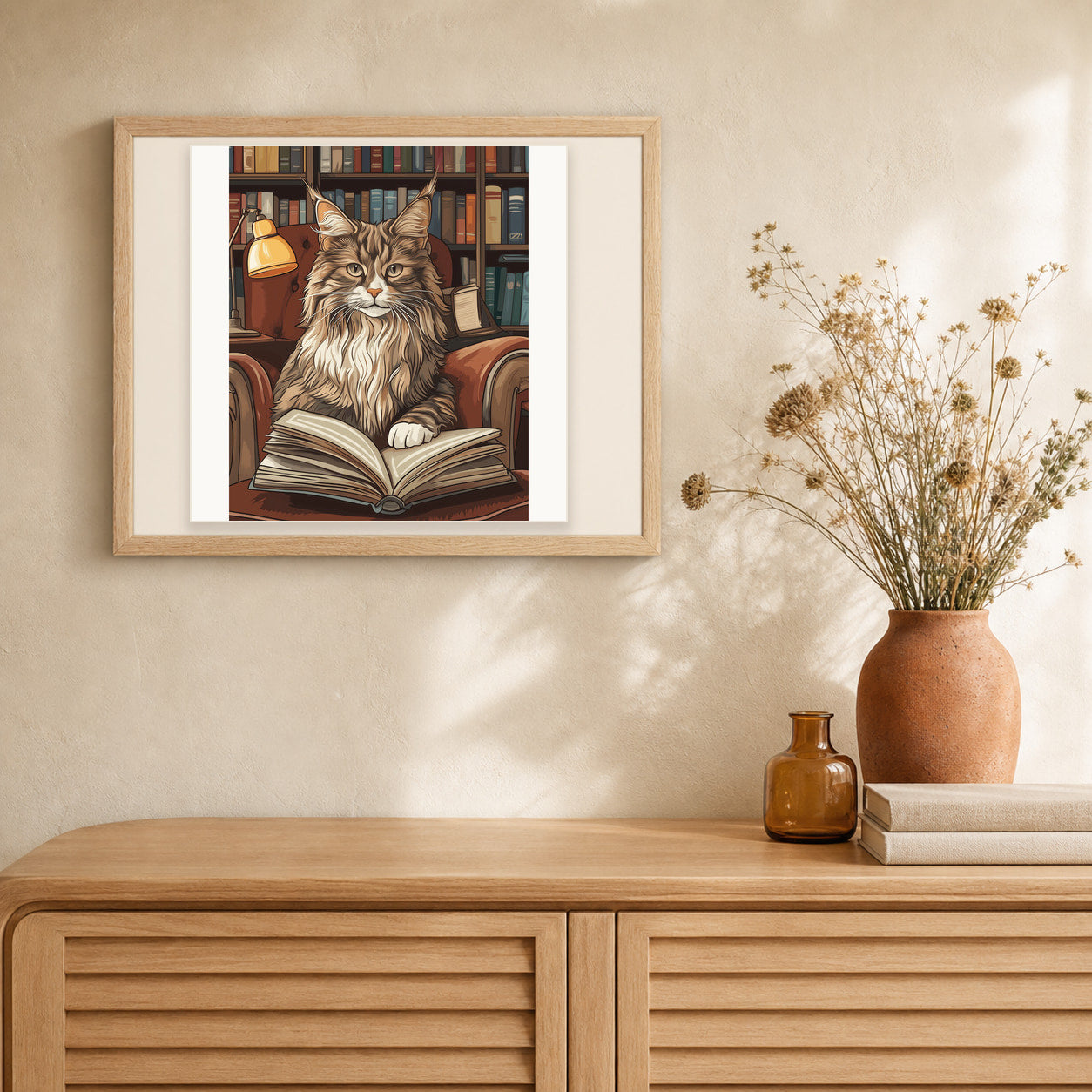 Library Whiskers artwork displayed in a warm interior