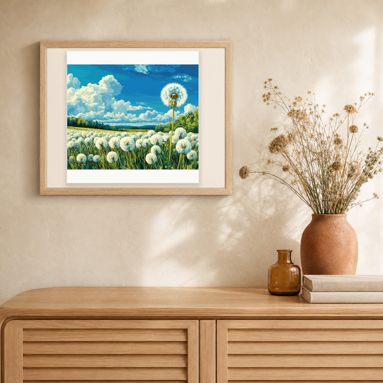 Dandelion Field artwork displayed in a warm interior