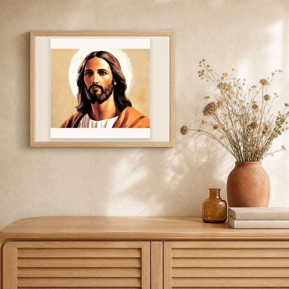 Jesus Portrait artwork displayed in a warm interior
