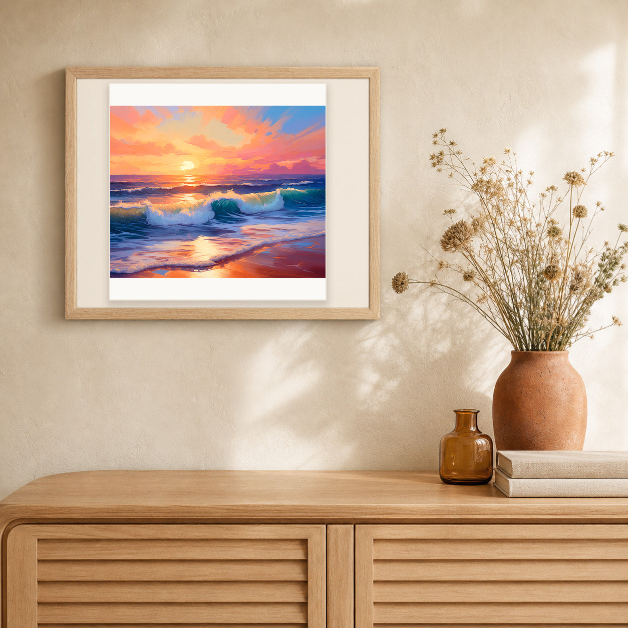 Sunset Surf artwork displayed in a warm interior